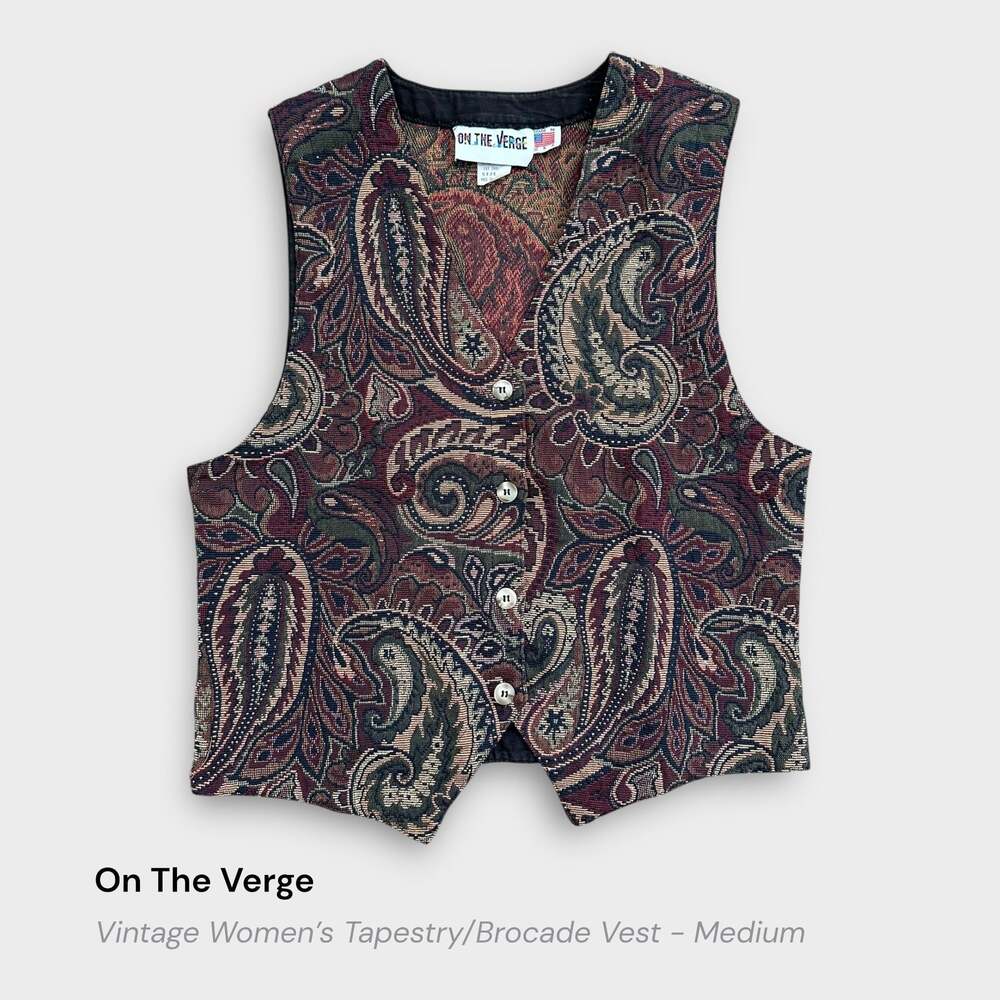 Vintage 90s Tapestry Paisley Vest Women’s Made USA Boho Indie Art Teacher